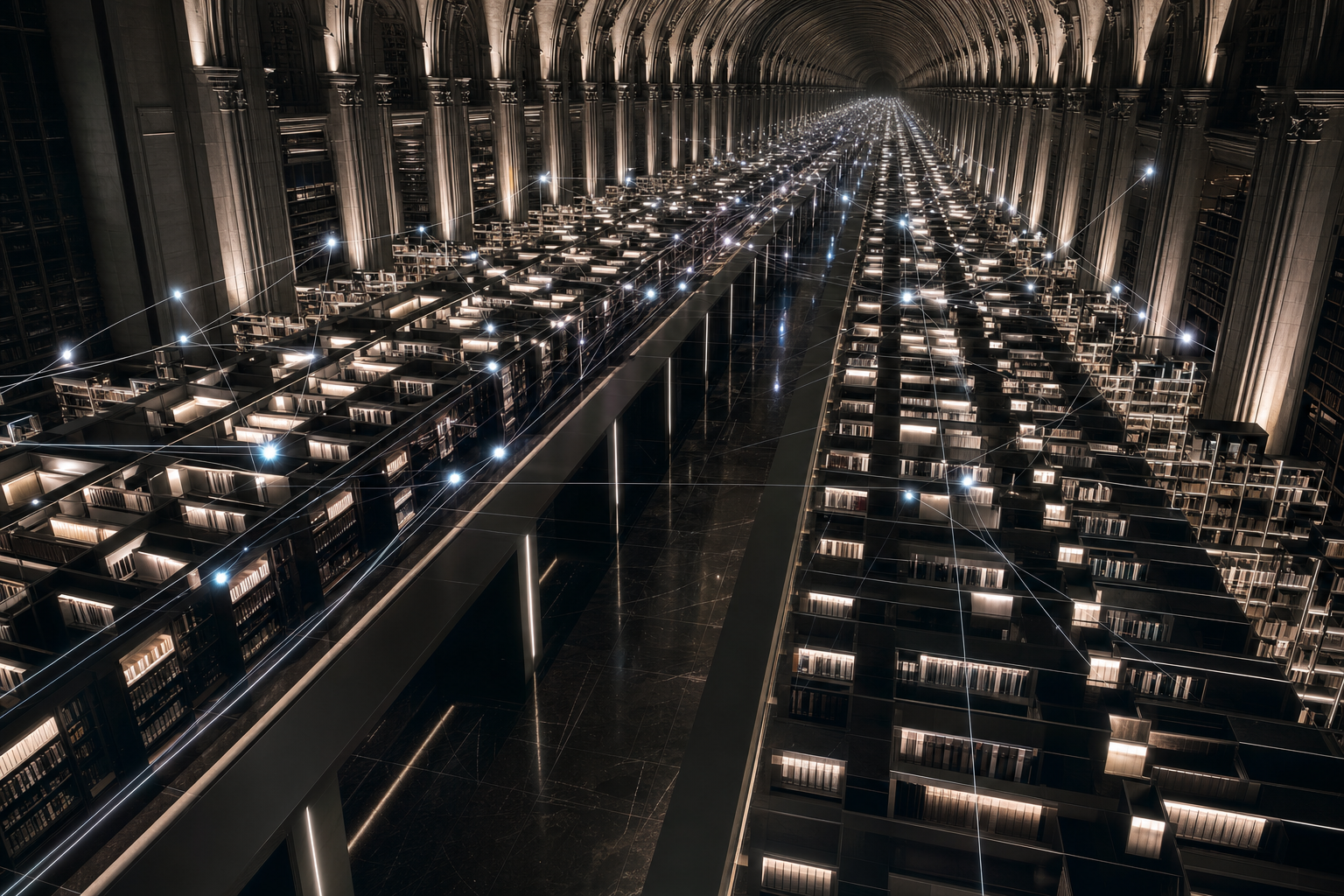 Infinite glowing knowledge vault representing AI-powered learning and productivity